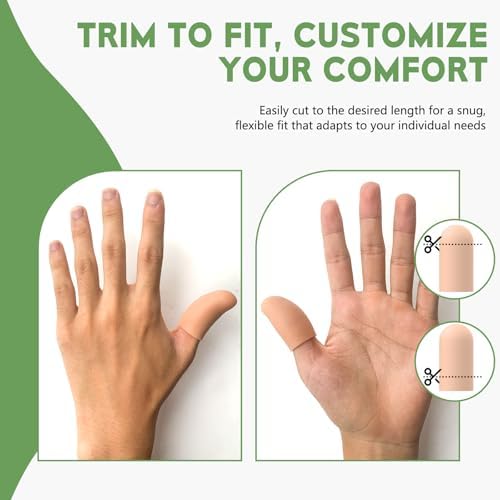 Closed end rubber finger caps showing exact measurements of two by four centimeters for thumb specific sizing.