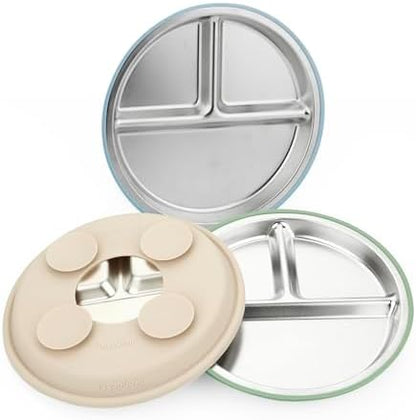 Top view of divided stainless steel baby feeding plate