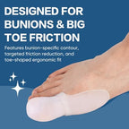 Soft gel bunion correctors and white silicone toe caps spread out on a clean surface