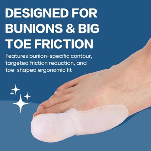 Soft gel bunion correctors and white silicone toe caps spread out on a clean surface