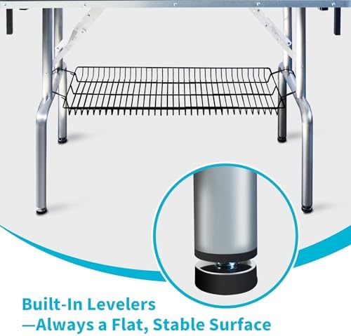 Detailed view of leveling feet on Shelandy grooming table