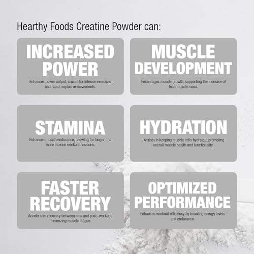Hearthy Foods Creatine supplement scoop and unflavored powder presentation