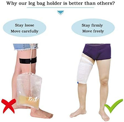 Elasticated Foley catheter bag holder on thigh for incontinence management