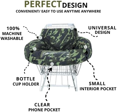 Close up view of the camouflage print cotton fabric and transparent smartphone holder on the cart cover
