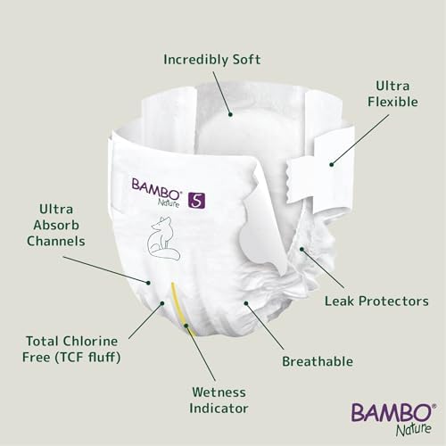Bambo Nature 132 count diaper box showing detailed side panels and leakage protection tech