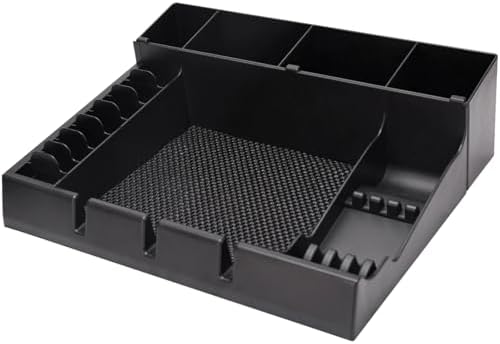 ZIBARBER salon clipper tray showing the multi compartment layout filled with barber shears and guard attachments.