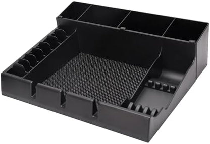 ZIBARBER salon clipper tray showing the multi compartment layout filled with barber shears and guard attachments.