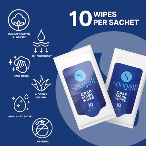 Snugell 100% soft cotton CPAP wipes for mask sanitizing and cleaning.