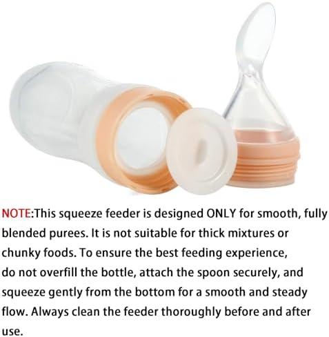 Blue four ounce baby food dispensing pouch being filled with fruit puree