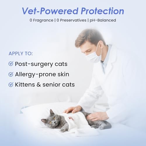 Hypoallergenic cat waterless shampoo being applied to a cat coat for detangling