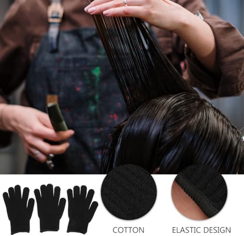 Black knitted barber protective gloves demonstrating flexible finger movement for hair styling.