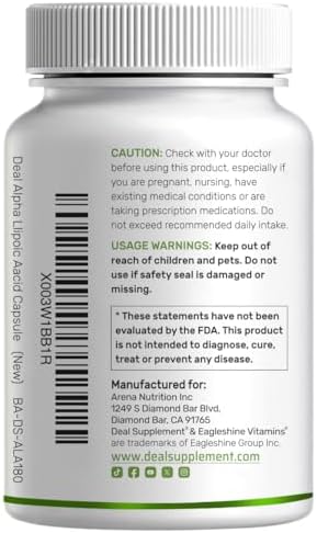 Back label of Deal Supplement Alpha Lipoic Acid highlighting 50/50 R-ALA and S-ALA blend.