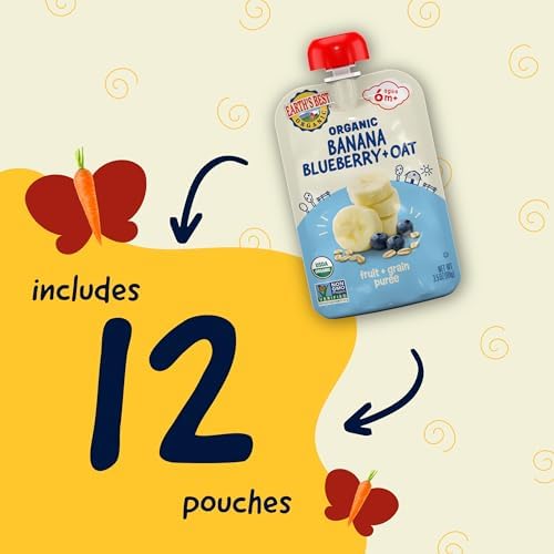 Parent feeding a baby using an Earth's Best organic resealable pouch.