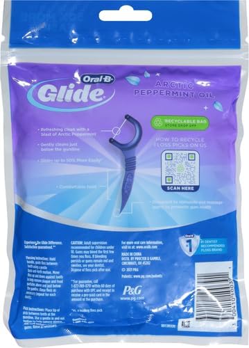 Close up view of the textured toothpick end on the Oral-B Glide mint dental flosser handle.