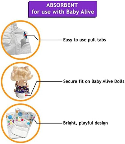 Back view of the premium imported doll diaper packaging with product specifications.