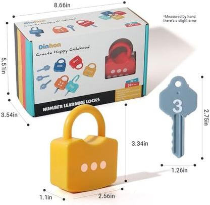 Authentic imported children learning locks packaging contents spread out for instructional play.