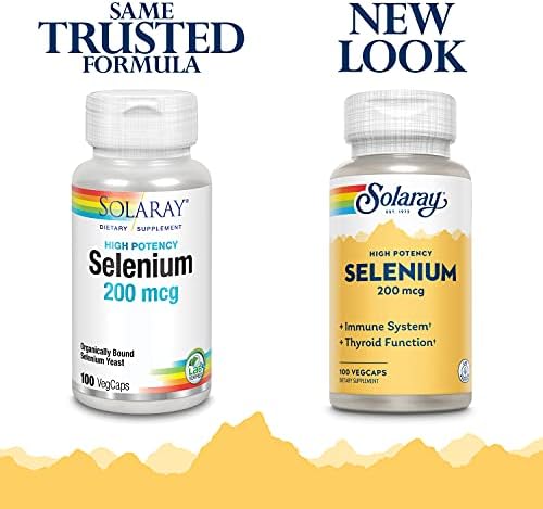 Solaray Selenium 200mcg bottle showing supplement facts ingredient panel and vegan certification icons.