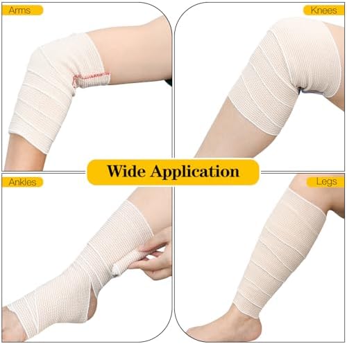 Elastic bandage rolls demonstrating the 14 feet stretched length capability.