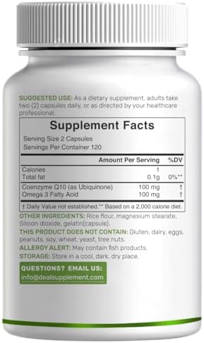 Deal Supplements CoQ10 100mg bottle displaying third party lab tested and quality assurance seals.