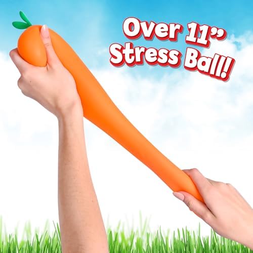Oversized eleven point five inch orange sensory vegetable being stretched
