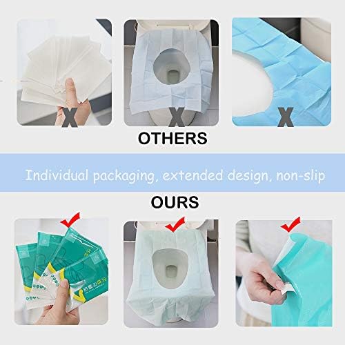 Individually wrapped Ditind toilet seat protectors neatly arranged to demonstrate travel size convenience for pockets.