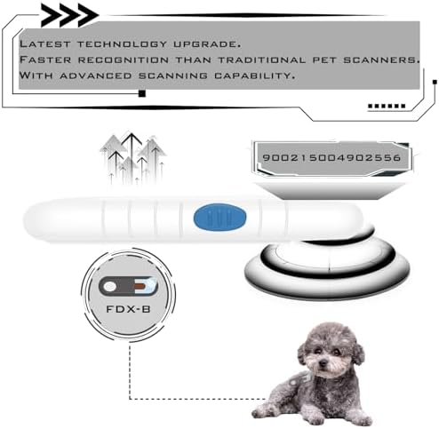 Handheld RFID microchip scanner showing backlit screen active
