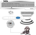 Handheld RFID microchip scanner showing backlit screen active