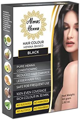 Almas Henna herbal hair dye box demonstrating 100 percent grey coverage benefit