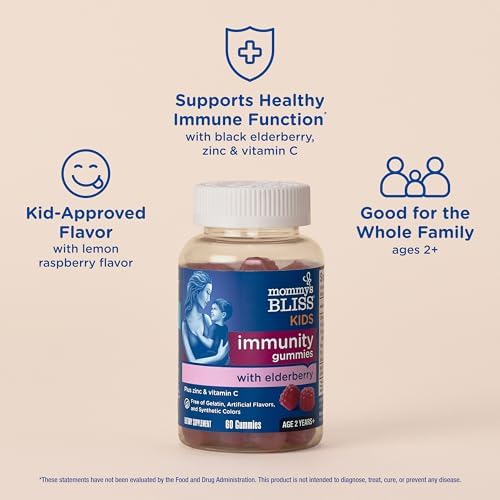 Back label of Mommys Bliss children immunity gummies listing clean ingredients and serving size.