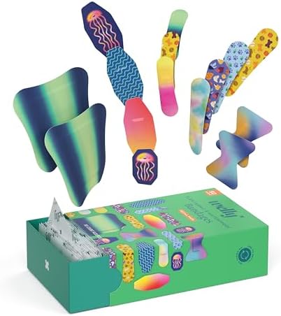 Welly colorful adhesive bandages displayed in ten different fun patterns for kids and adults.