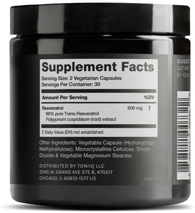 Toniiq Resveratrol supplement bottle back label and ingredients
