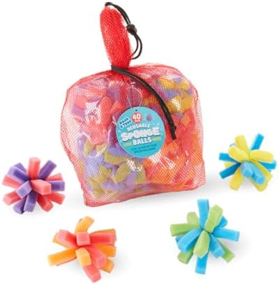 Eco friendly water balloon alternative sponge balls packed inside the red mesh drawstring storage bag.