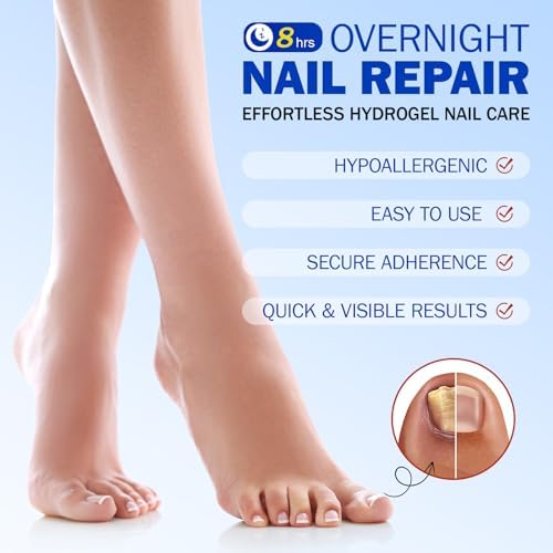 Before and after visualization of a yellow brittle toenail restoring to a clear pink healthy nail plate.