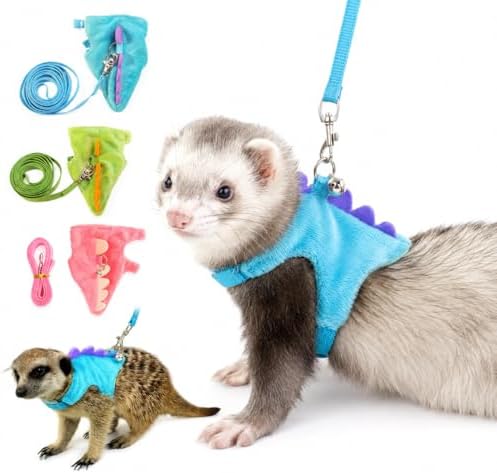 Adjustable escape proof ferret harness vest with safety bell attached to a matching blue traction rope.