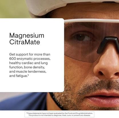 Side profile of THORNE Magnesium CitraMate capsule bottle showing authentic USA import seal