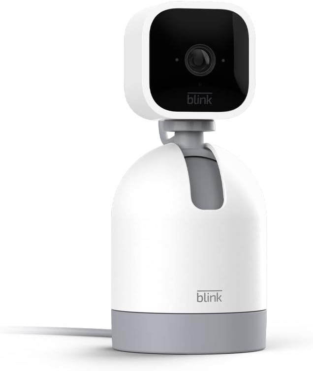 Blink indoor plug-in smart security camera side view showing the pan-tilt base mount