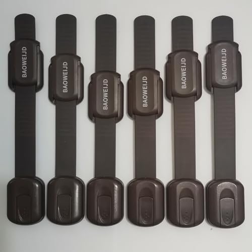Complete set of eight brown baby proofing cabinet locks with packaging details
