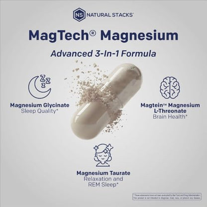 Natural Stacks MagTech magnesium complex bottle displaying third-party lab tested certification seal.