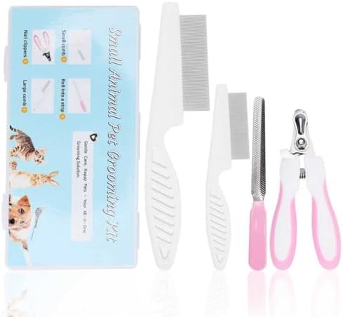 Seven pieces rabbit grooming set including pet nail clipper and trimmer alongside pink hand brushes with adjustable handle.