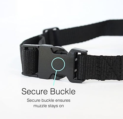 Black soft nylon muzzle for toy breeds side view showing complete adjustable strap assembly.