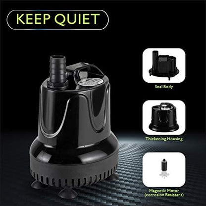 Hygger eighteen Watt quiet fountain water pump highlighting the compact dimensions and power cord setup.