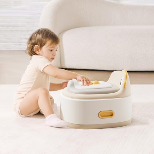 Side profile of Kindsgut dinosaur potty showing sturdy base handles
