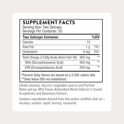 Thorne Advanced DHA supplement facts and ingredient label.