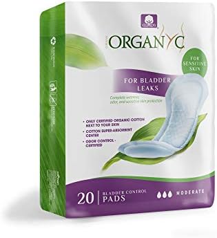 Organyc bladder control pads twenty count box showing moderate absorbency