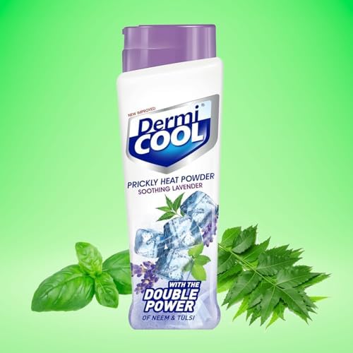 Close up of Dermicool Lavender Powder packaging showing Neem and Tulsi ingredients.