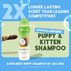 Back label of TropiClean hypoallergenic feline wash with ingredients and usage guidelines.