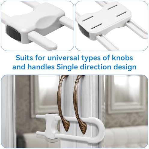 White child safety cabinet locks installed on kitchen knobs