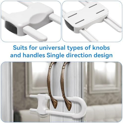White child safety cabinet locks installed on kitchen knobs