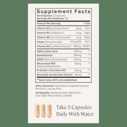 Side view of Stonehenge Health Dynamic Nerve 90 capsules packaging showing quality certifications.