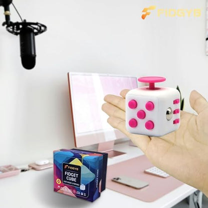 FIDGYB premium durable six-sided fidget cube showcasing full sensory features for kids and adults